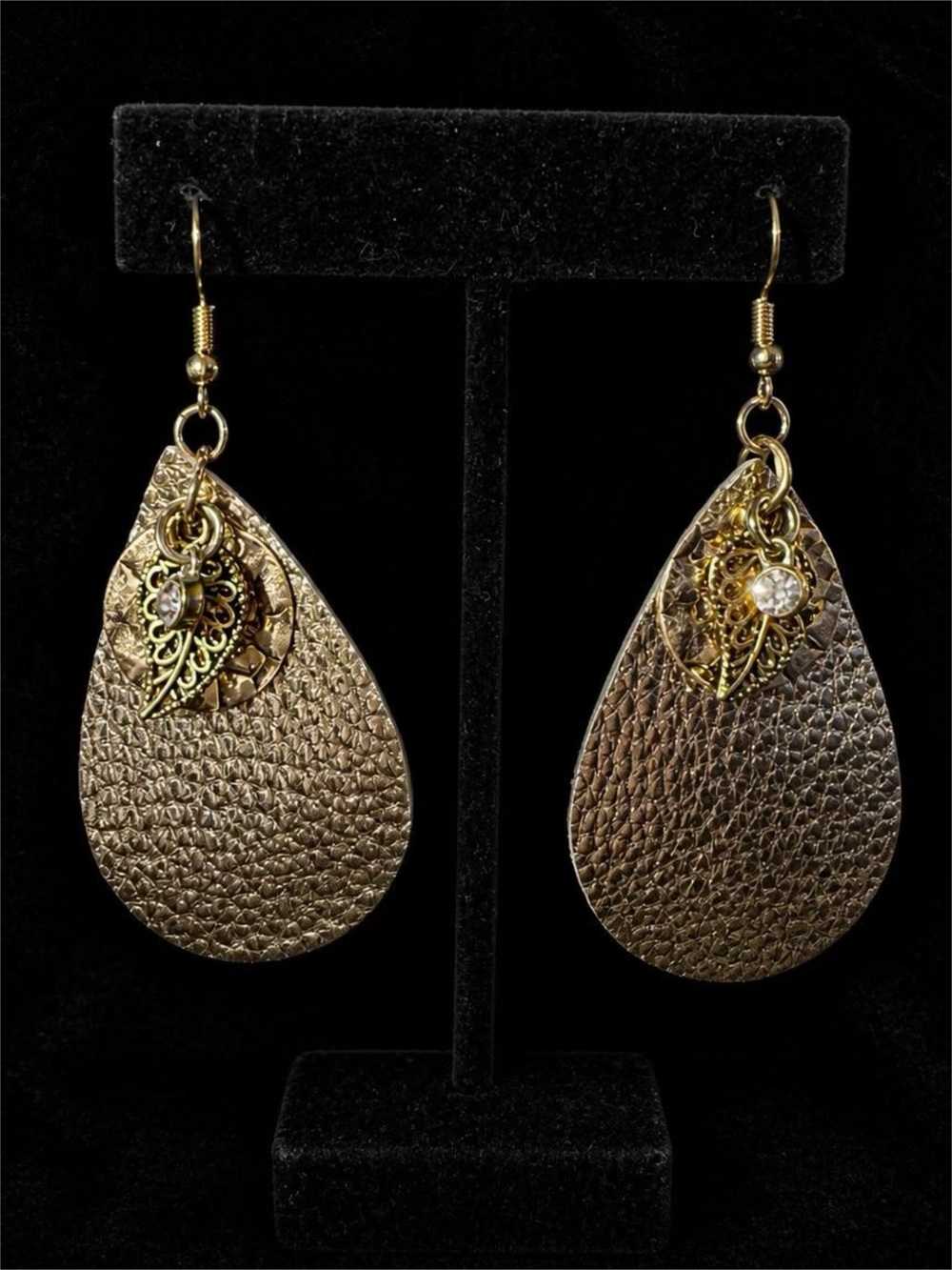 Gold-Tone Teardrop Vegan Pebbled Leather Earrings with Filigree Accents